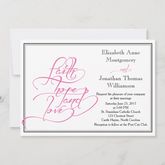 Invitación a la boda cristiana por caligrafía rosa (Anverso)