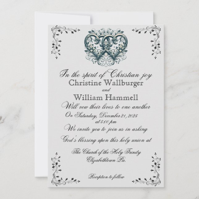 Invitación a la boda cristiana Twin Silver Hearts (Anverso)