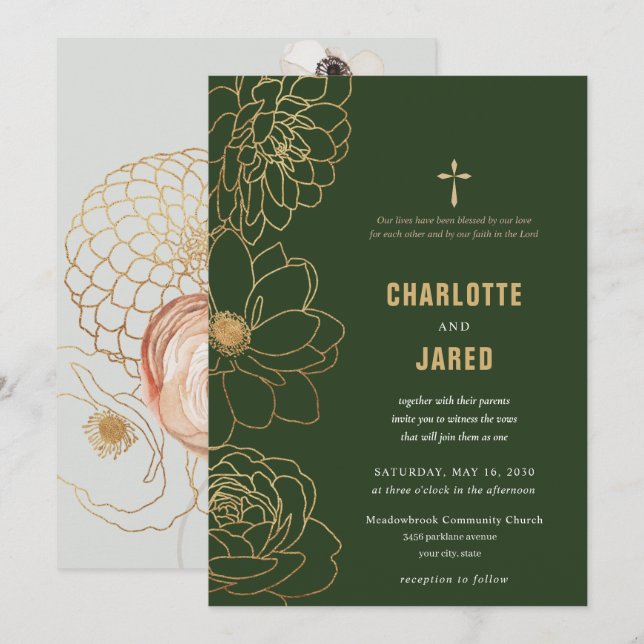 Invitación a la boda cruzada dorada verde (Anverso / Reverso)