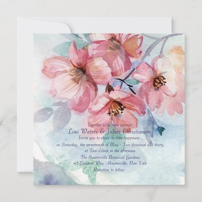 Invitación a la boda cuadrada con flores de cerezo (Anverso)