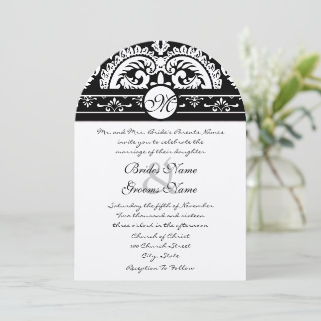 Invitación a la boda cuadrada de Black Damask Swir (Anverso de pie)