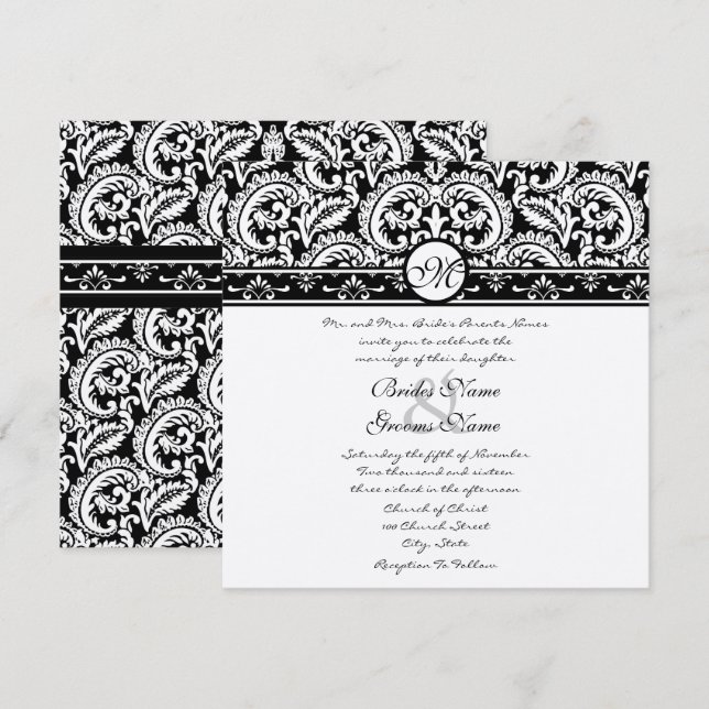 Invitación a la boda cuadrada de Black Damask Swir (Anverso / Reverso)
