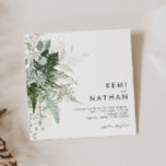 Invitación a la boda cuadrada de la vegetación y l<br><div class="desc">Diseñamos esta invitación a la boda de Greenery y Gold Leaf Square para completar su boda boho simple y elegante. Cuenta con una hoja de eucalipto blanca y verde moderna, un follaje de helecho, una flor suculenta y hojas de Relieve metalizado de oro mínimas. Estos elementos le dan un aspecto...</div>