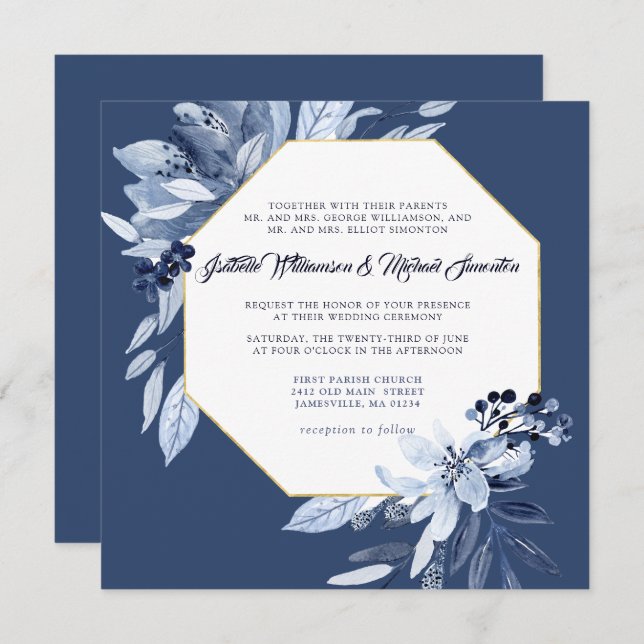Invitación a la boda cuadrada floral de índigo Gar (Anverso / Reverso)