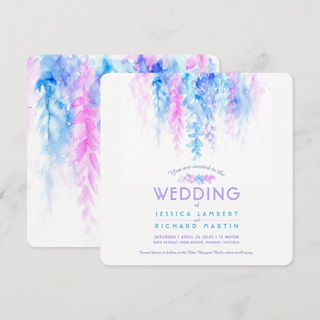 Invitación a la boda cuadrada púrpura de color azu (Anverso / Reverso)
