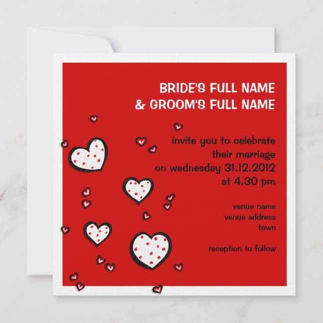 Invitación a la boda cuadrada roja de Dotty Hearts (Anverso)