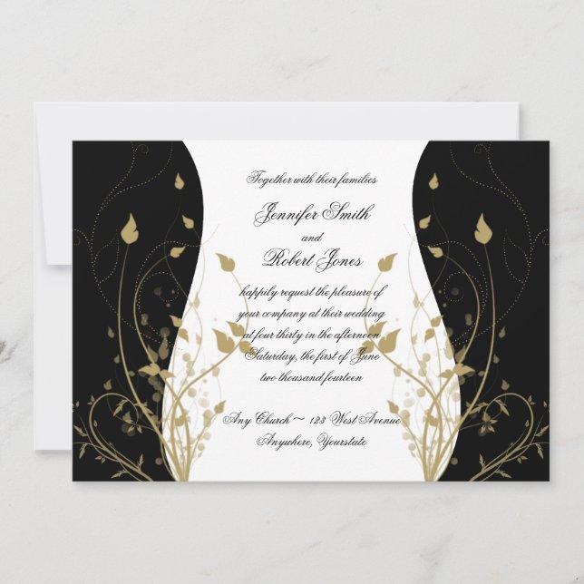 Invitación a la boda curvada con floral de oro (Anverso)