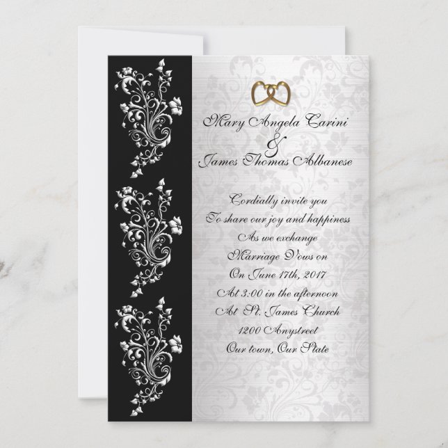 Invitación a la boda damasco clásico blanco y negr (Anverso)