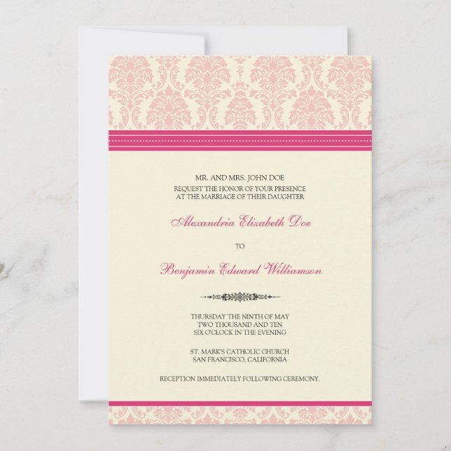 Invitación a la boda Damasco encantadora (fuchsia/ (Anverso)