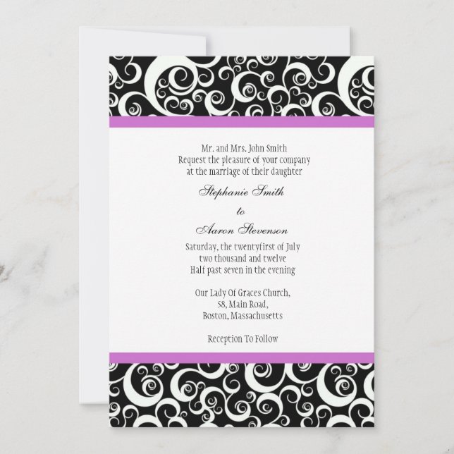 Invitación a la boda Damask con morado (Anverso)