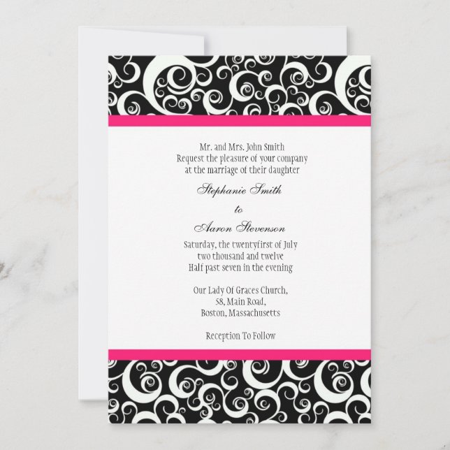 Invitación a la boda Damask con rosa caliente (Anverso)