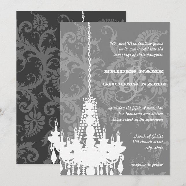 Invitación a la boda Damask de 3 lámparas de araña (Anverso / Reverso)