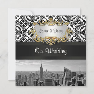 Invitación a la boda Damask de NYC Skyline BW 431