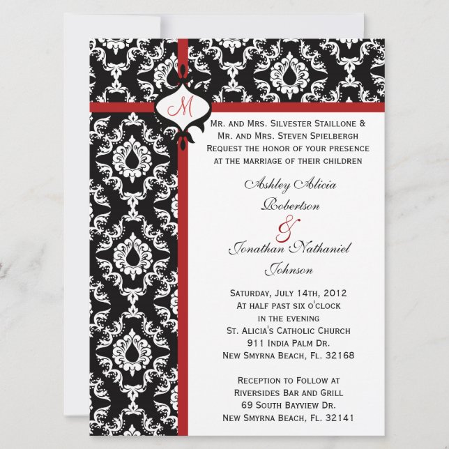 Invitación a la boda Damask en blanco y negro (Anverso)