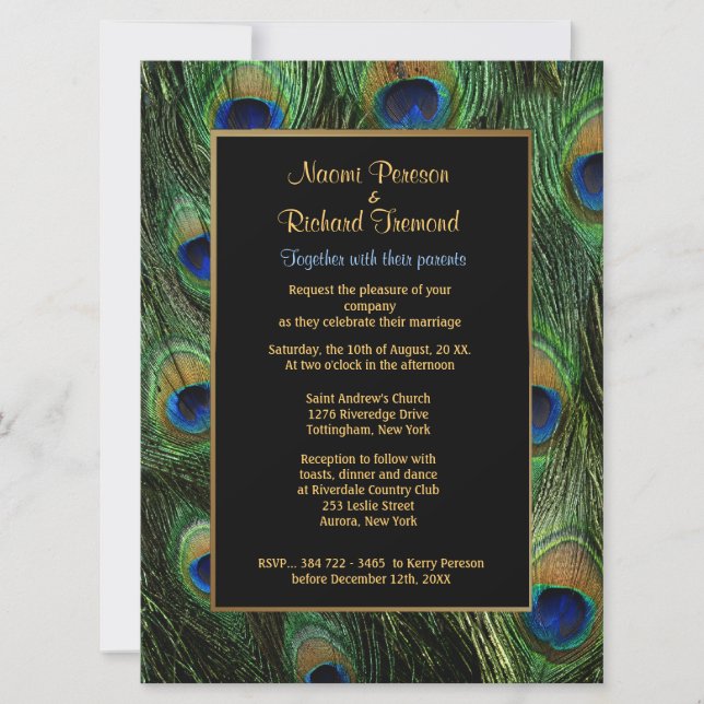 Invitación a la boda de 6,5" x 8 plumas de pavo re (Anverso)