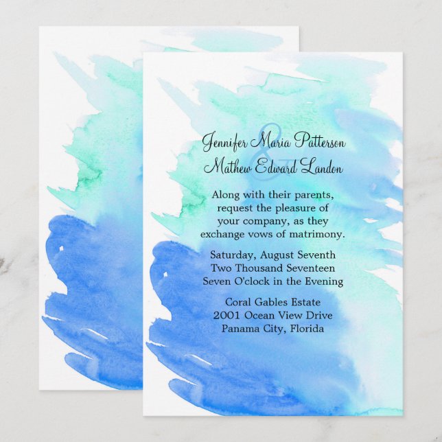 Invitación a la boda de acuarela azul y verde (Anverso / Reverso)
