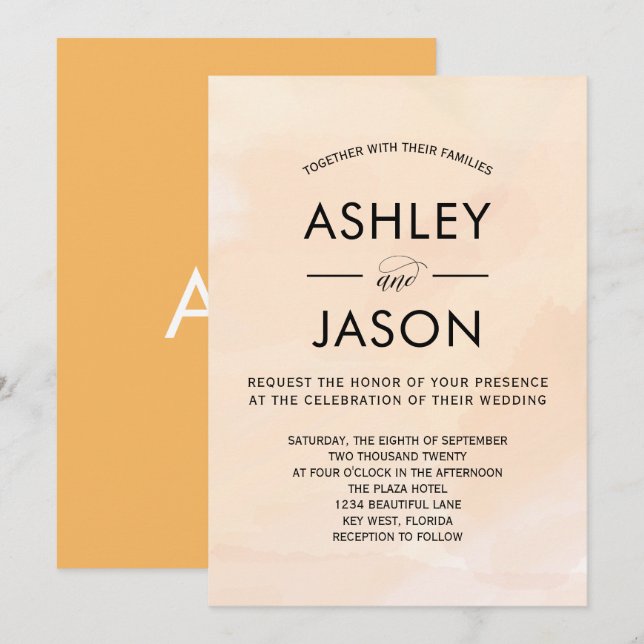 Invitación a la boda de acuarela de Apricot suave (Anverso / Reverso)