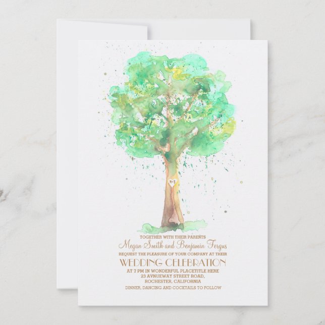 Invitación a la boda de acuarela de árbol romántic (Anverso)