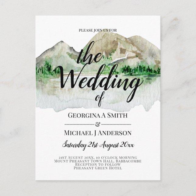 Invitación a la boda de acuarela de Budget Mountai (Anverso)