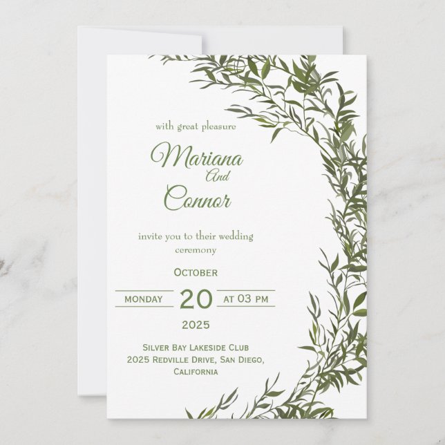 Invitación a la boda de acuarela de la vegetación  (Anverso)