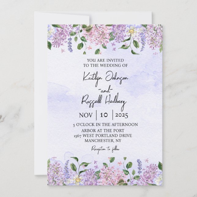Invitación a la boda de acuarela de Lilac (Anverso)