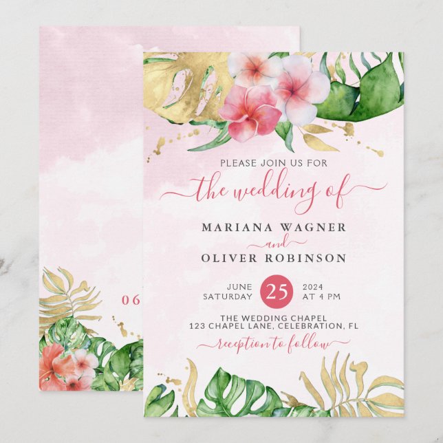Invitación a la boda de acuarela de oro floral tro (Anverso / Reverso)