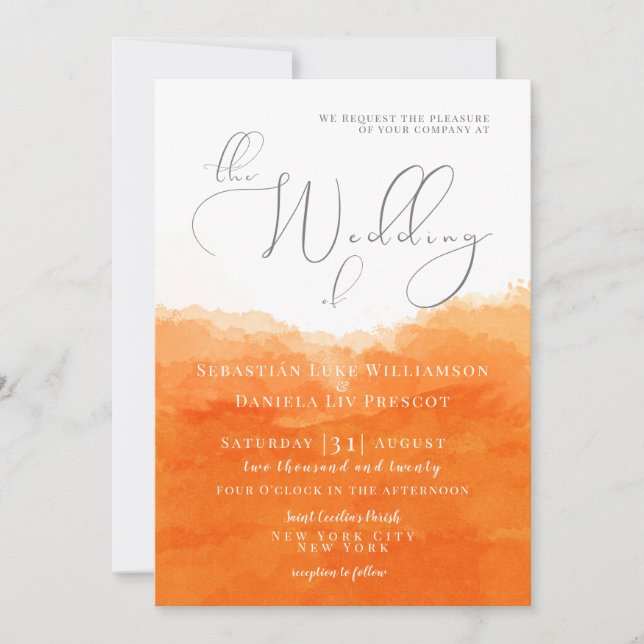 Invitación a la boda de acuarela de Tangerine (Anverso)