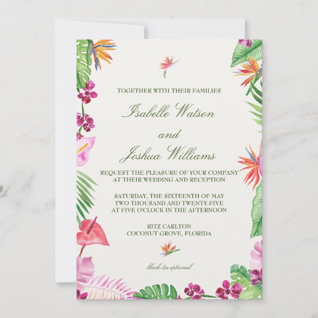 Invitación a la boda de acuarela floral tropical (Anverso)