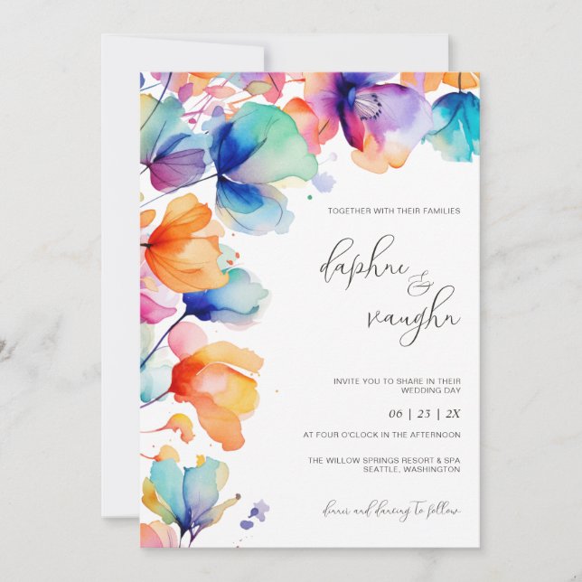 Invitación a la boda de acuarela floral vibrante (Anverso)