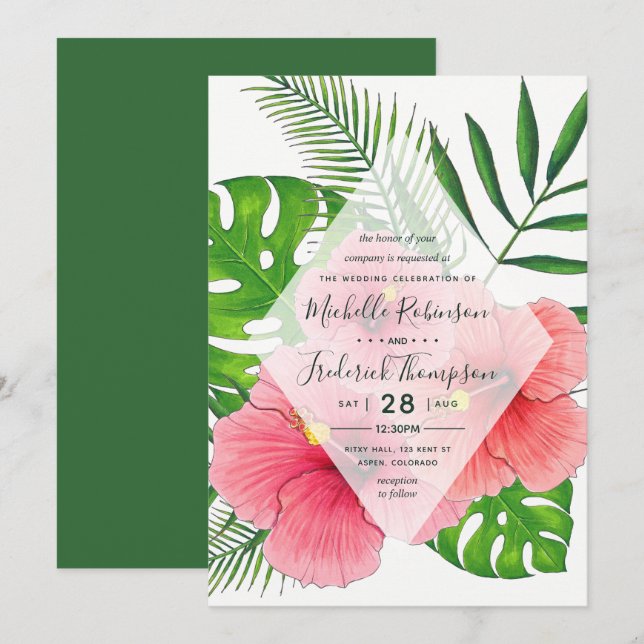 Invitación a la boda de acuarela hawaiana Aloha Lu (Anverso / Reverso)