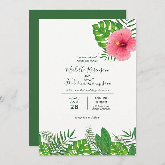 Invitación a la boda de acuarela hawaiana Aloha Lu (Anverso / Reverso)