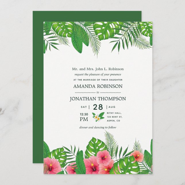 Invitación a la boda de acuarela hawaiana Aloha Lu (Anverso / Reverso)