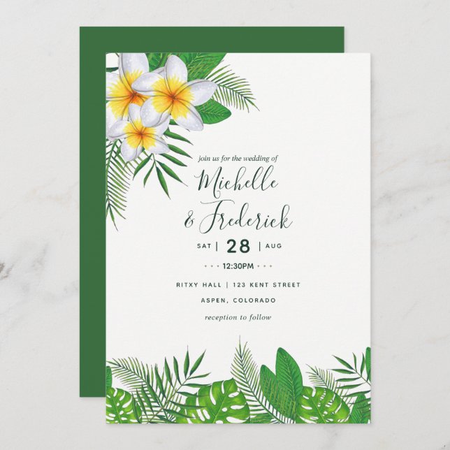 Invitación a la boda de acuarela hawaiana Aloha Lu (Anverso / Reverso)