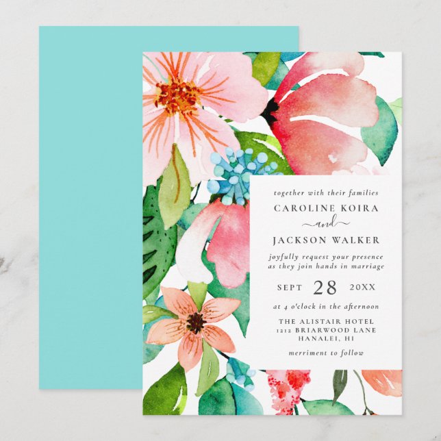Invitación a la boda de acuarela tropical (Anverso / Reverso)