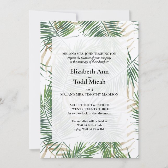 Invitación a la boda de acuarela tropical (Anverso)