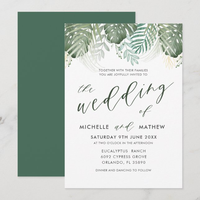 Invitación a la boda de acuarela tropical de desti (Anverso / Reverso)