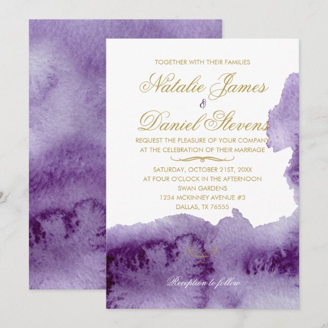 Invitación a la boda de acuarela ultravioleta (Anverso / Reverso)
