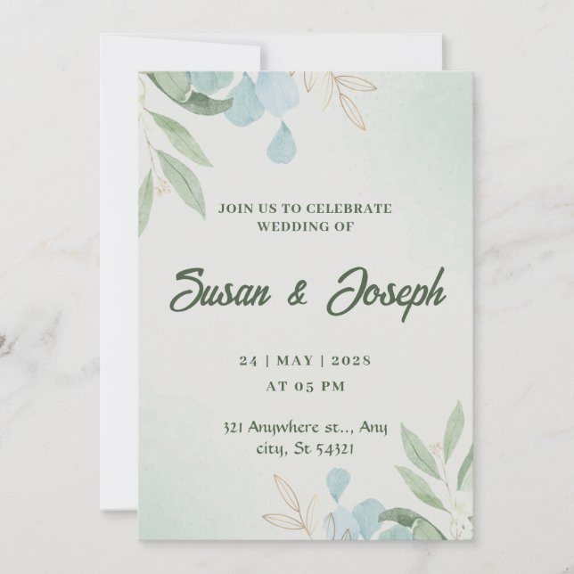 Invitación a la boda de acuarela verde (Anverso)