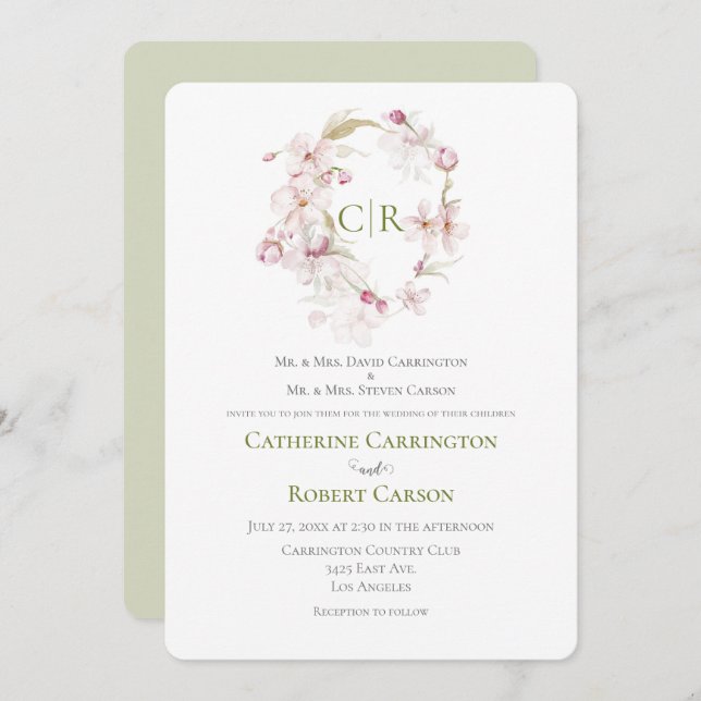 Invitación a la boda de acuarela verde con guión f (Anverso / Reverso)