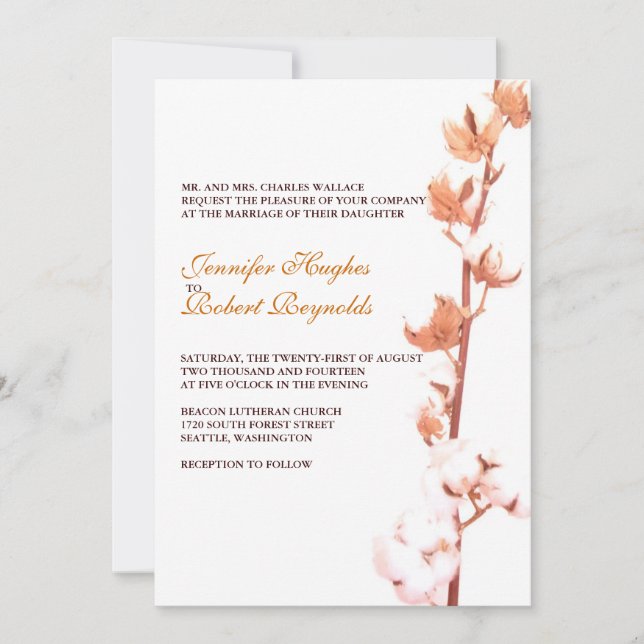 Invitación a la boda de algodón con flores (Anverso)