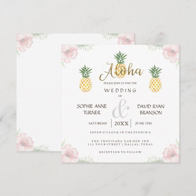 Invitación a la boda de Aloha Tropical Pineapple B (Anverso / Reverso)
