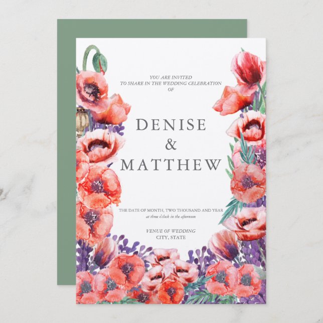 Invitación a la boda de amapola con Basil de vuelt (Anverso / Reverso)