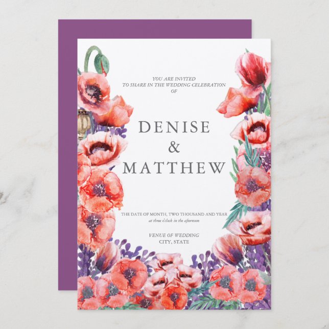 Invitación a la boda de amapolas con Dahlia de vue (Anverso / Reverso)