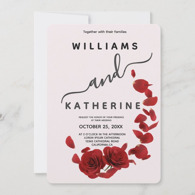 Invitación a la boda de amor de Rosas Rojas (Anverso)