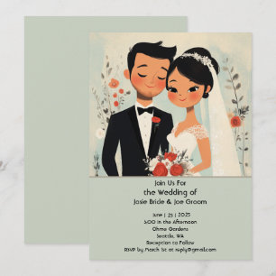 Invitación a la boda de amor retro lindo en Asia