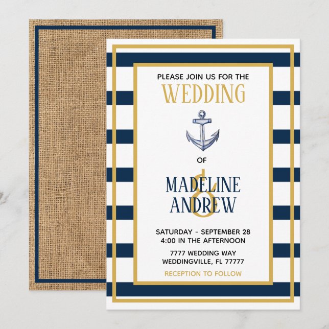 Invitación a la boda de Anchor de franjas náuticas (Anverso / Reverso)