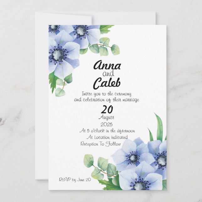 Invitación a la boda de Anémona Azul y Eucalipto (Anverso)