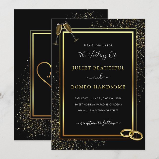 Invitación a la boda de Anillos Negros y Oro (Anverso / Reverso)