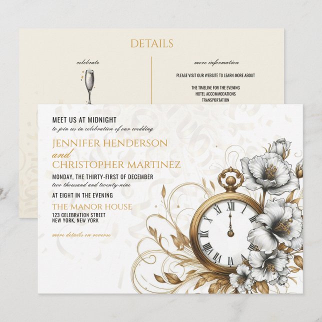 Invitación a la boda de Año Nuevo Floral (Anverso / Reverso)