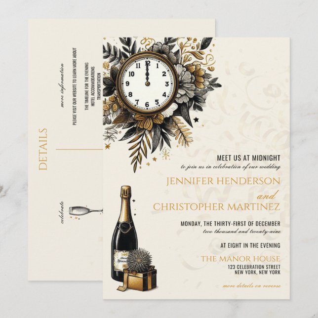 Invitación a la boda de Año Nuevo Negro y Oro (Anverso / Reverso)